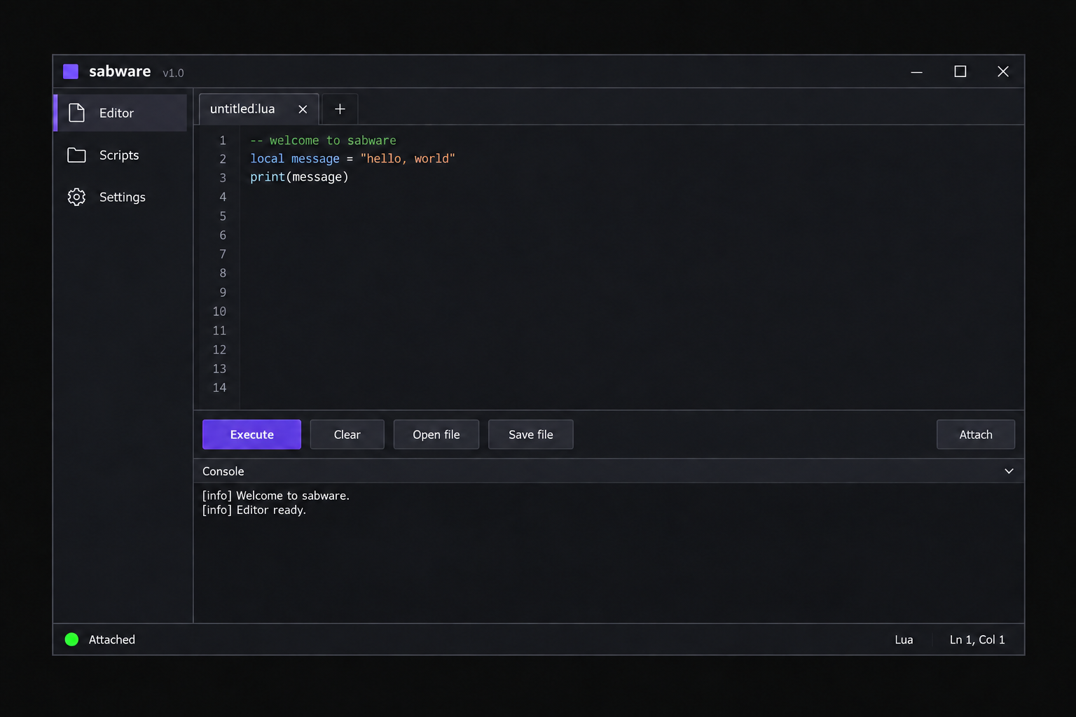 Sabware's dark script editor with purple Execute button, console, and green Attached status.